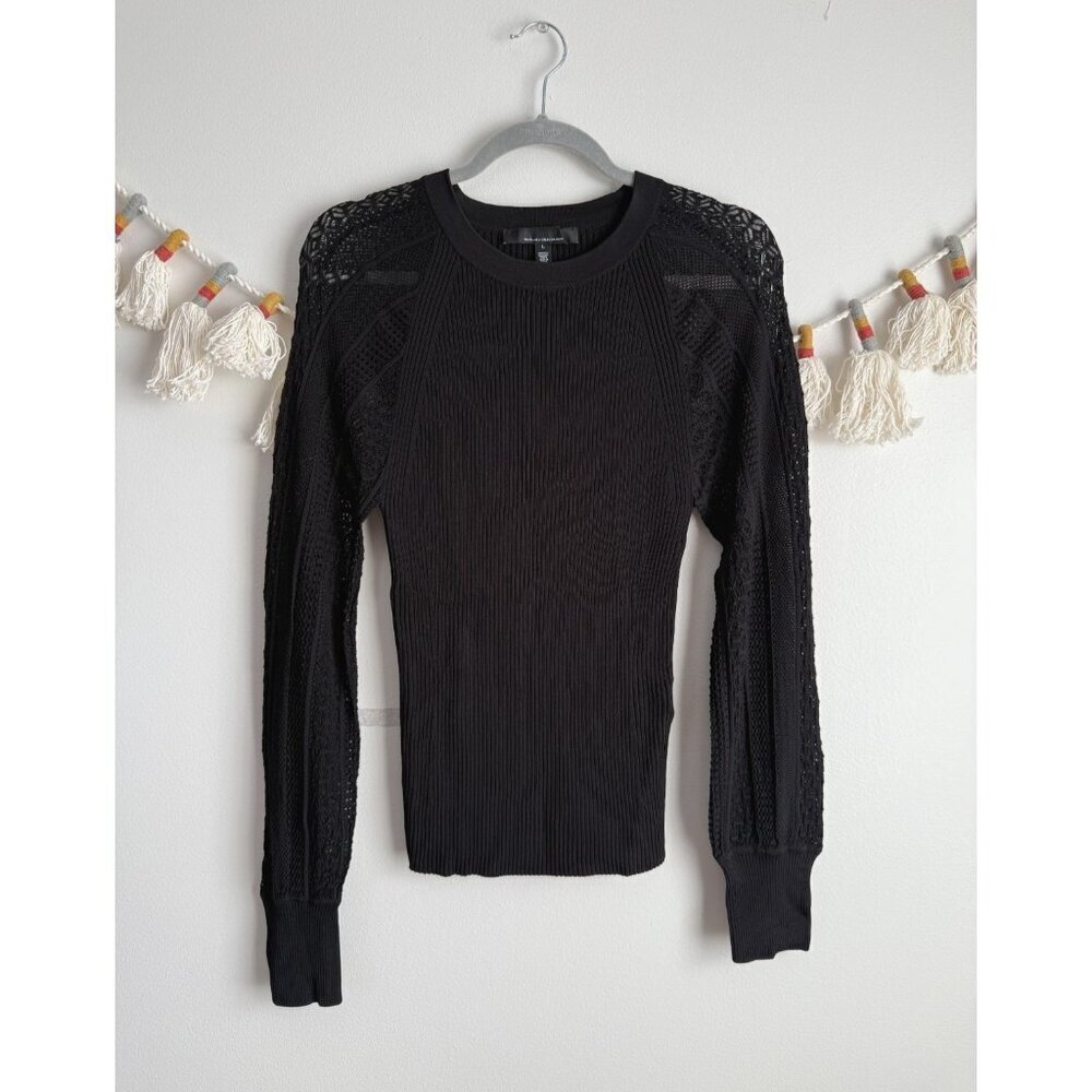 WHBM Pointelle Ribbed Knit Crochet Raglan Black Sweater Whimsigoth Layering L